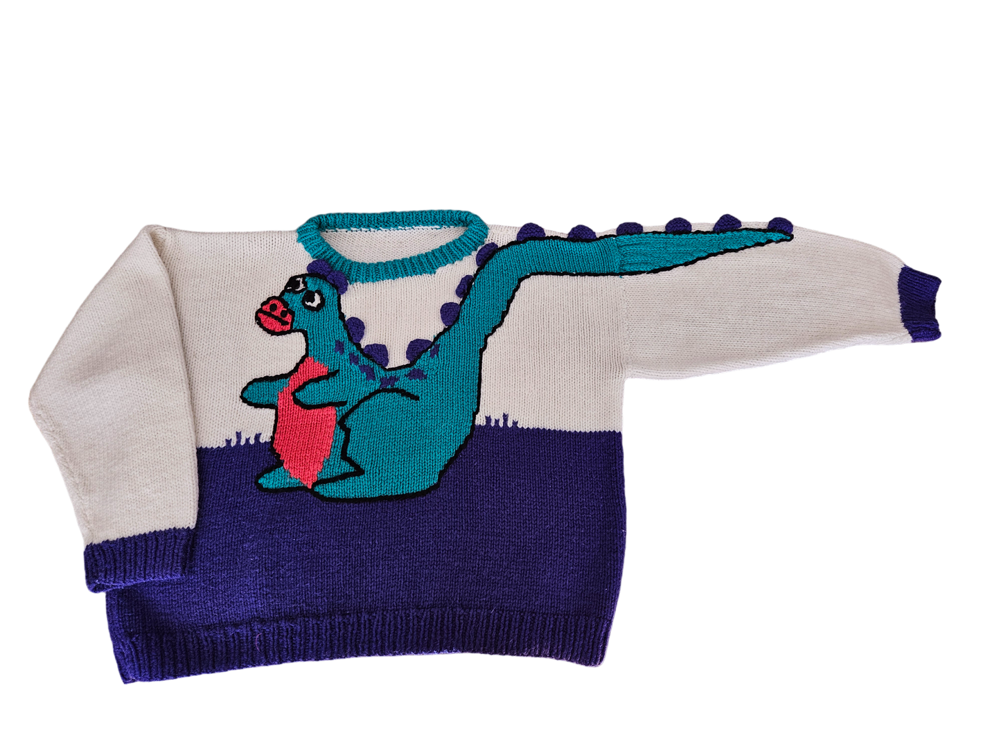Handknit dino sweater with 3D spines 7-9y