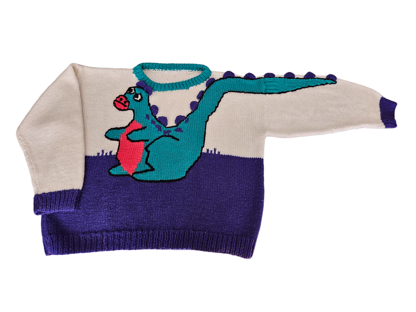 Handknit dino sweater with 3D spines 7-9y