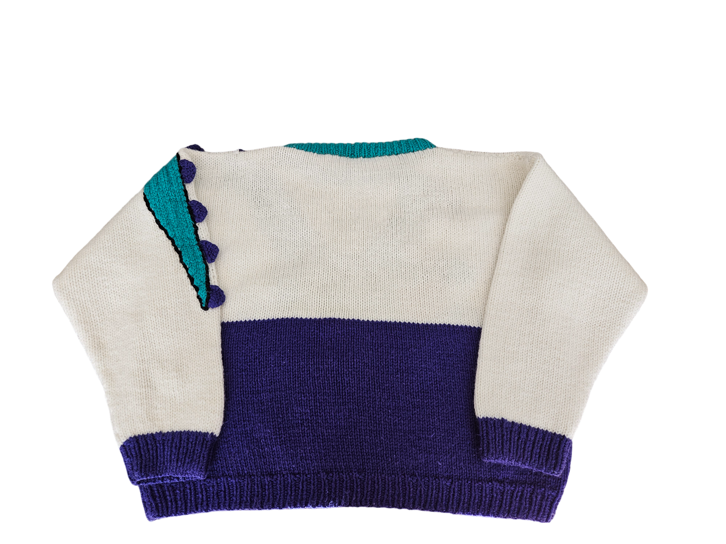 Handknit dino sweater with 3D spines 7-9y
