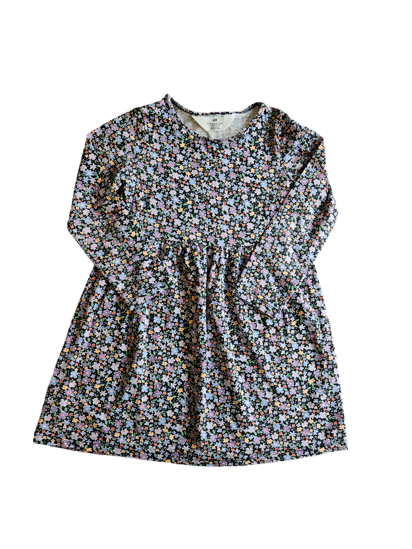 H&M black long sleeve dress with floral print 6-8Y