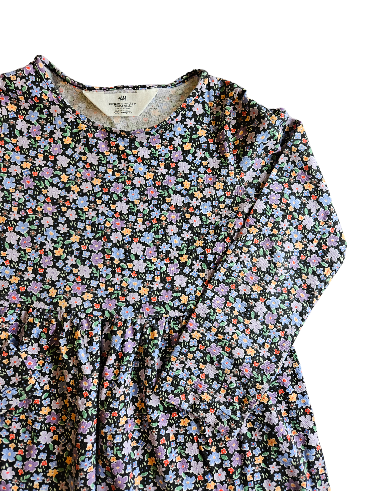H&M black long sleeve dress with floral print 6-8Y