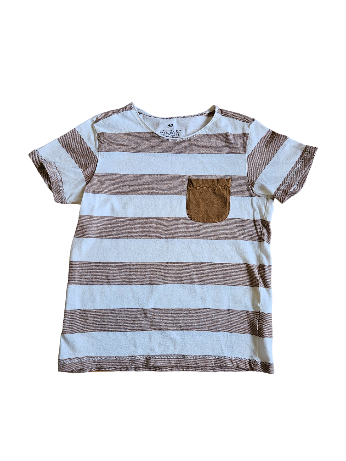H&M brown and white striped short sleeve pocket tee 6-8y