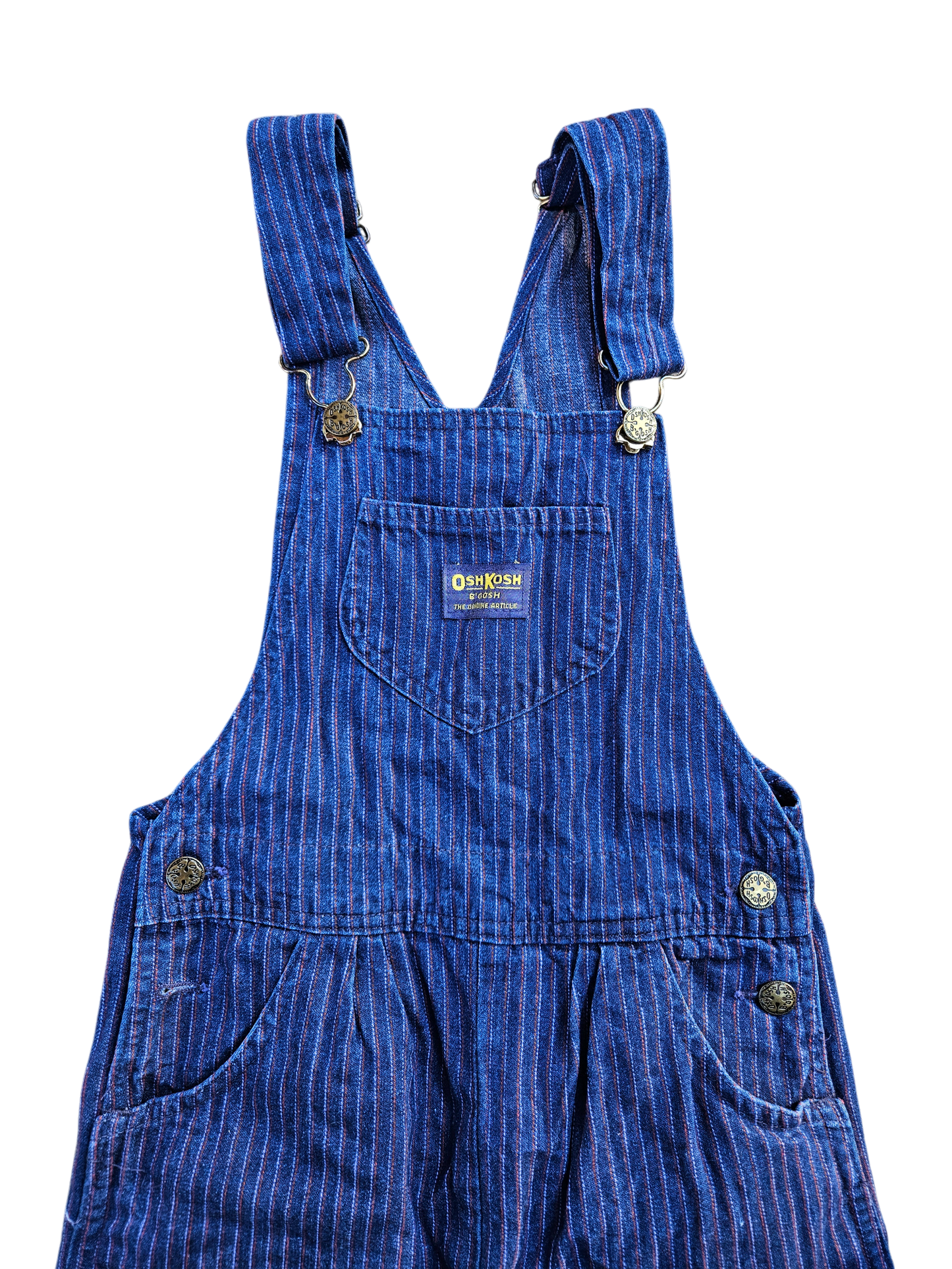 Vintage Oshkosh denim overalls with red and light blue stripe details Size 12