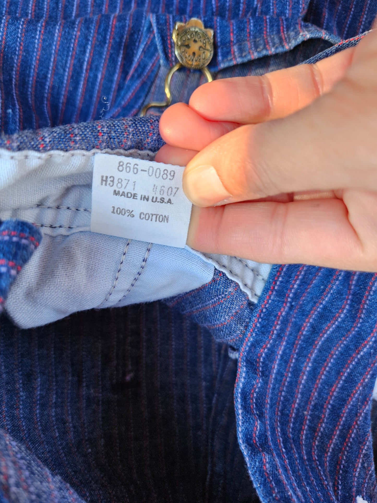 Vintage Oshkosh denim overalls with red and light blue stripe details Size 12