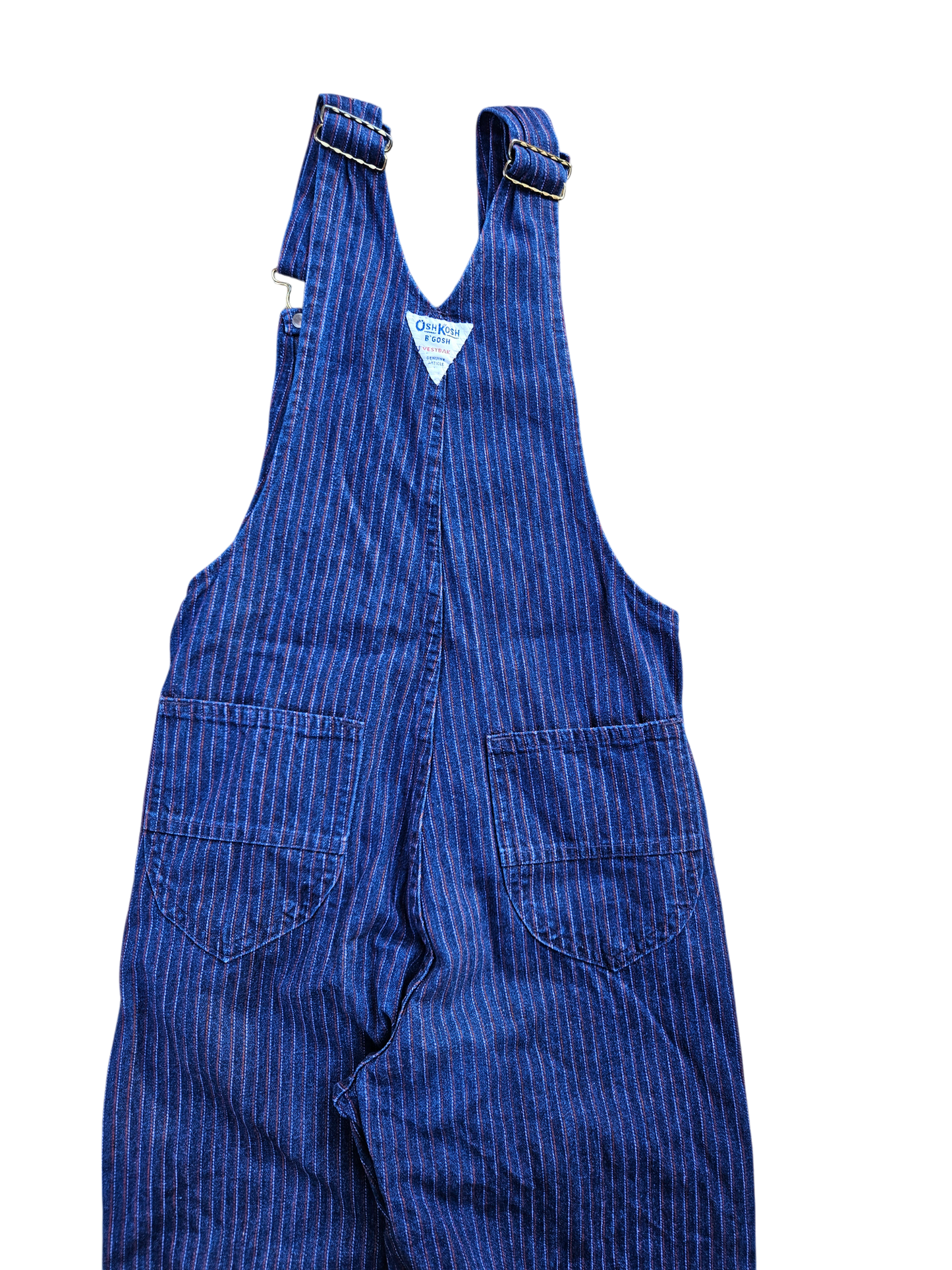 Vintage Oshkosh denim overalls with red and light blue stripe details Size 12