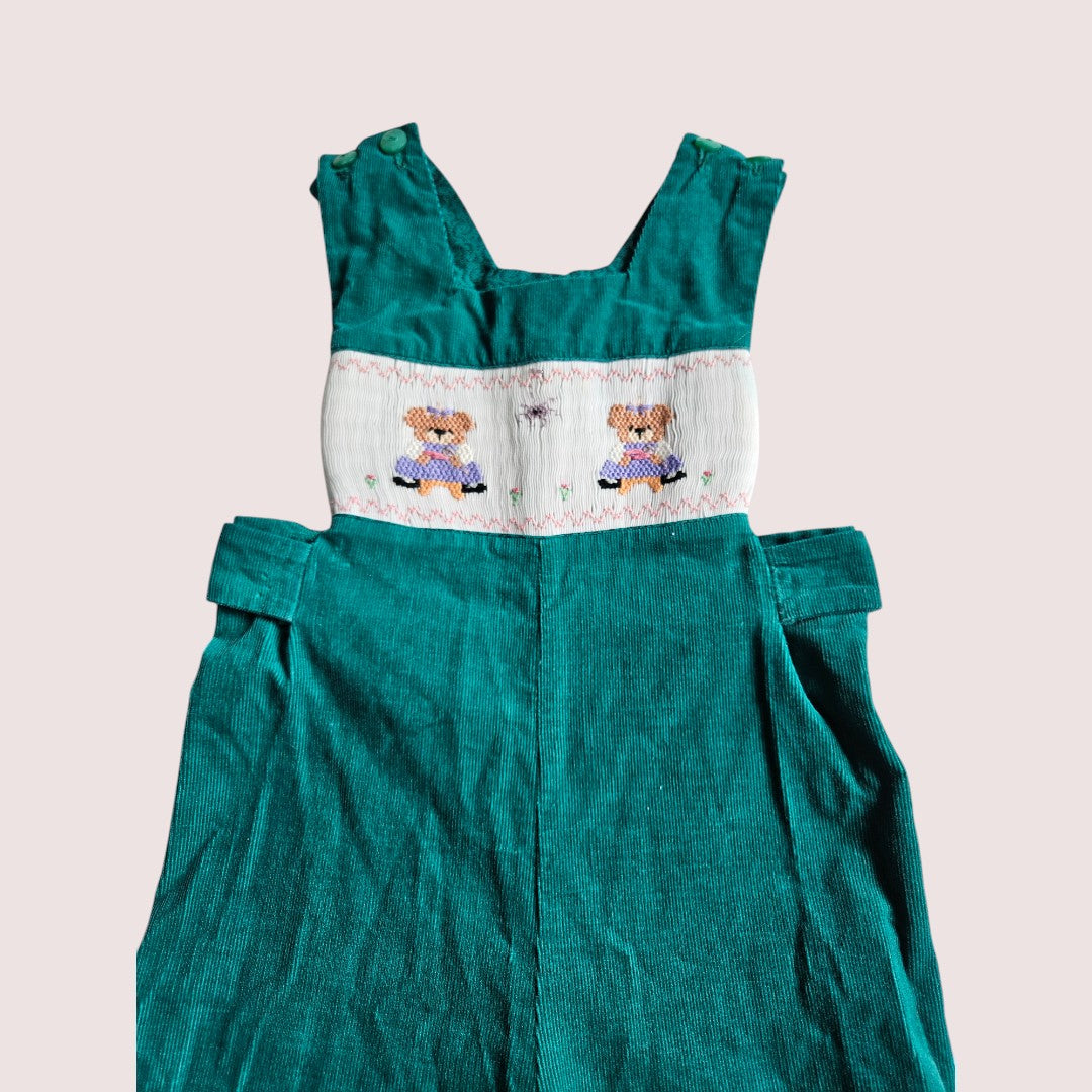 Handmade Little Miss Muffet smocked overalls STS 19" approx 2T