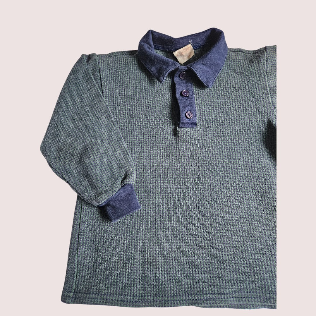 Vintage Kids Only herringbone navy and dark green long sleeve polo tee Youth XS, approx 4-6Y