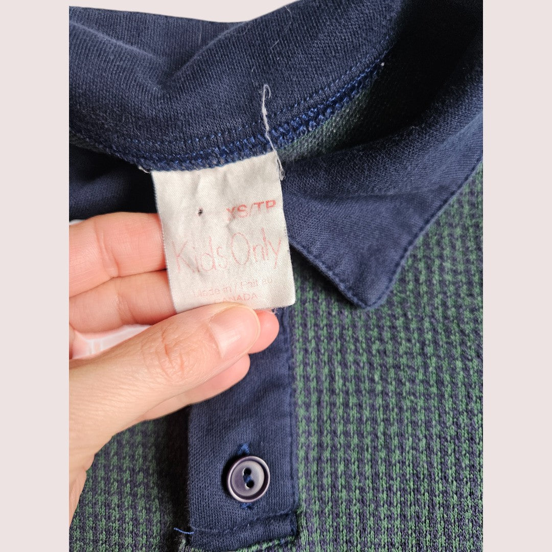 Vintage Kids Only herringbone navy and dark green long sleeve polo tee Youth XS, approx 4-6Y
