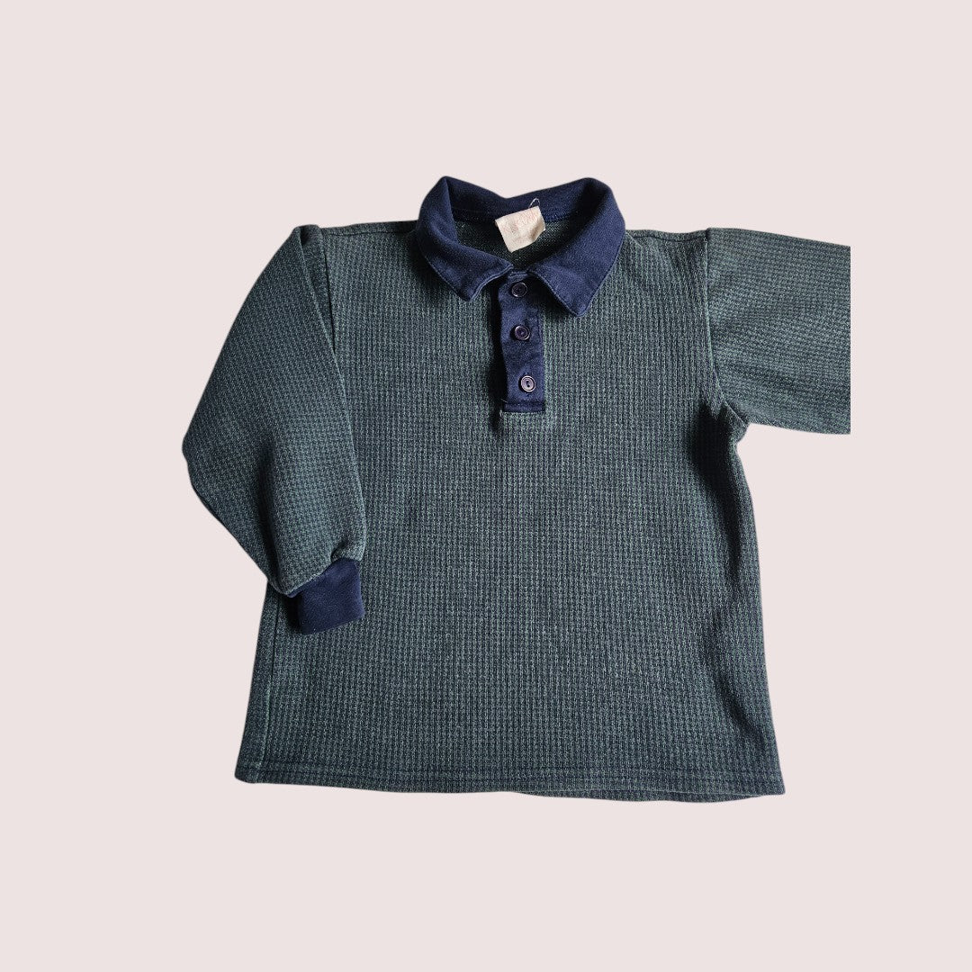Vintage Kids Only herringbone navy and dark green long sleeve polo tee Youth XS, approx 4-6Y