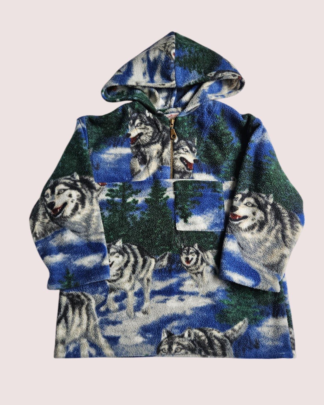 Handmade wolf print sherpa hooded pullover approxc 6-8Y