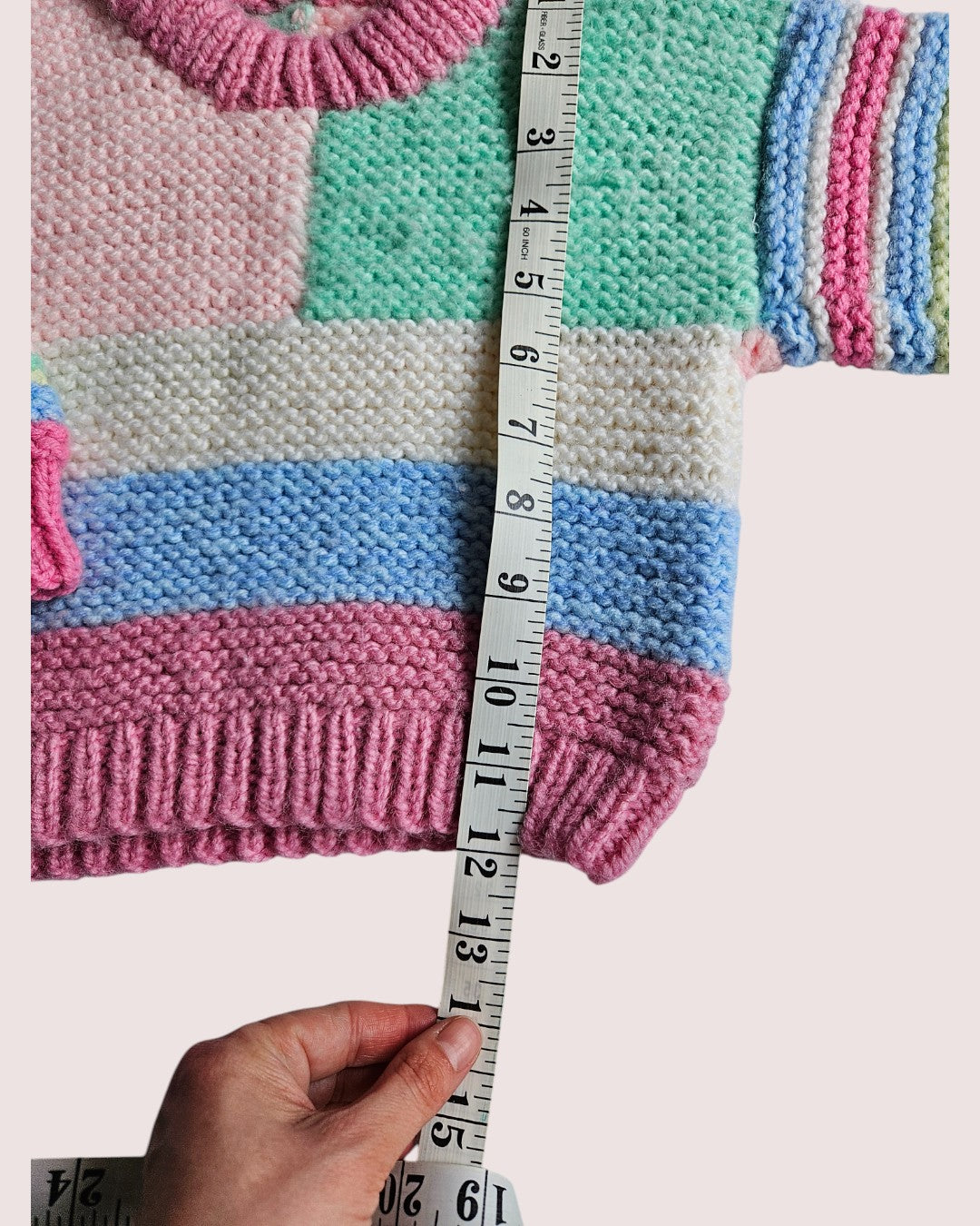 Handknit striped and colourblock crewneck approx 12m