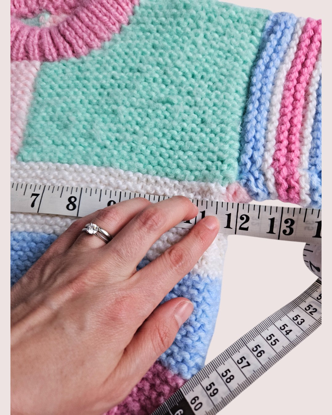 Handknit striped and colourblock crewneck approx 12m