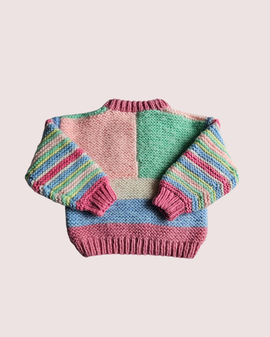 Handknit striped and colourblock crewneck approx 12m