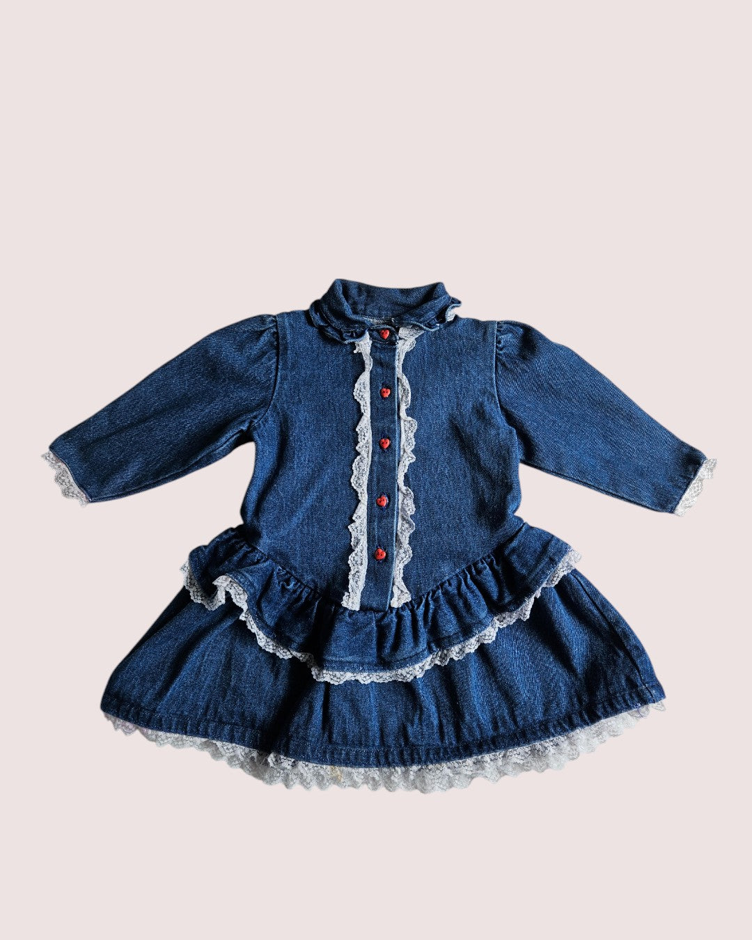 Vintage denim dress with heart buttons and lace detailing approx 18-24M