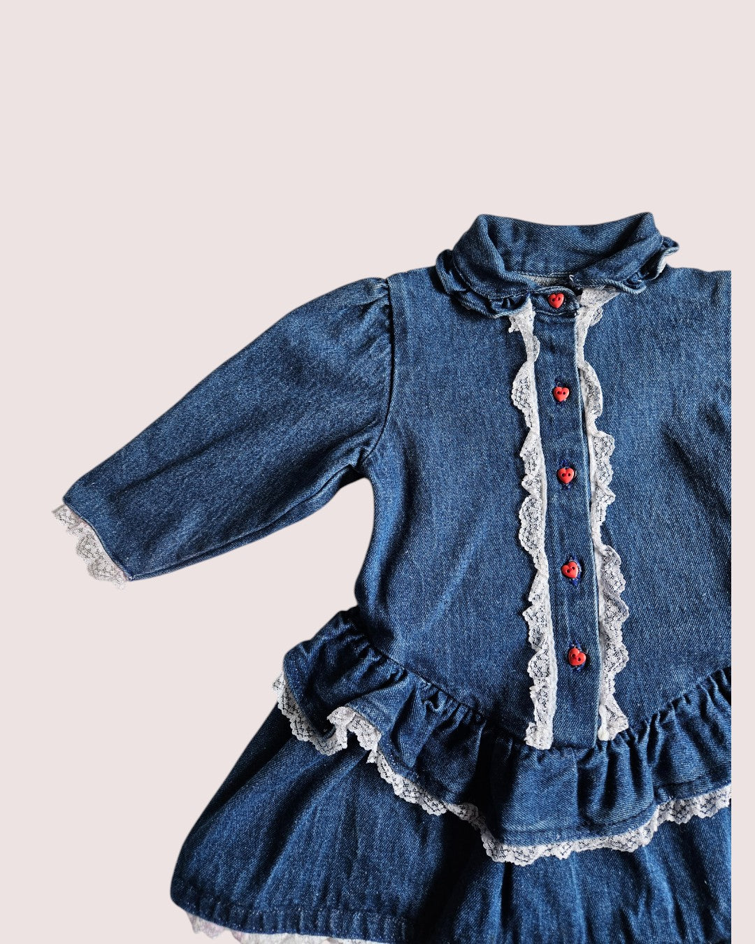Vintage denim dress with heart buttons and lace detailing approx 18-24M