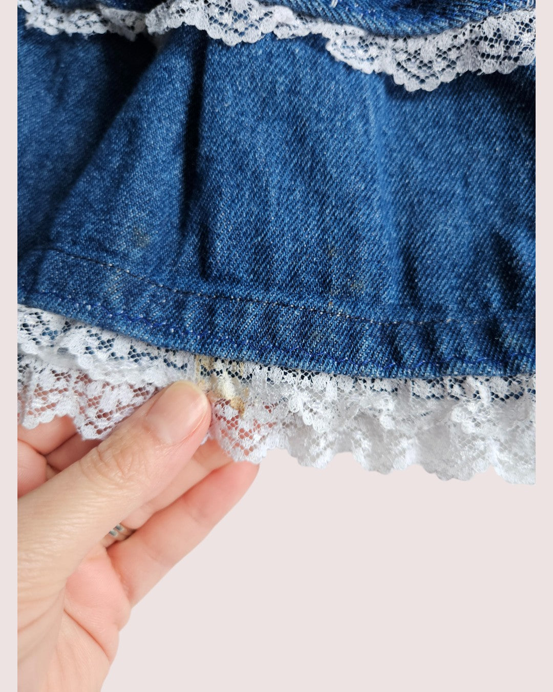Vintage denim dress with heart buttons and lace detailing approx 18-24M