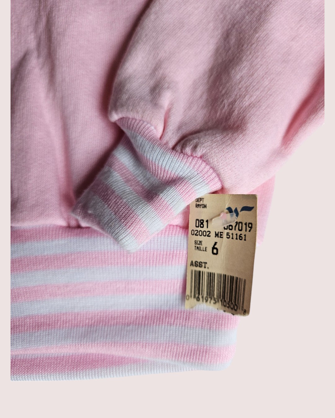 Deadstock vintage pale pink crewneck with striped ribbing -two available 2-5T