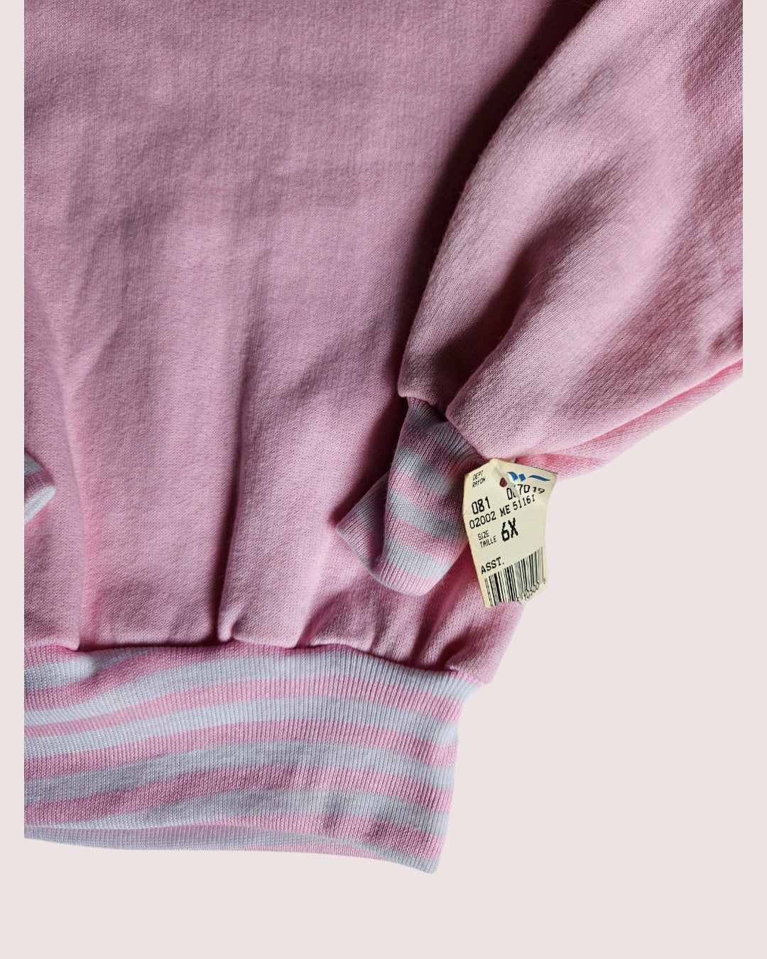 Deadstock vintage pale pink crewneck with striped ribbing -two available 2-5T