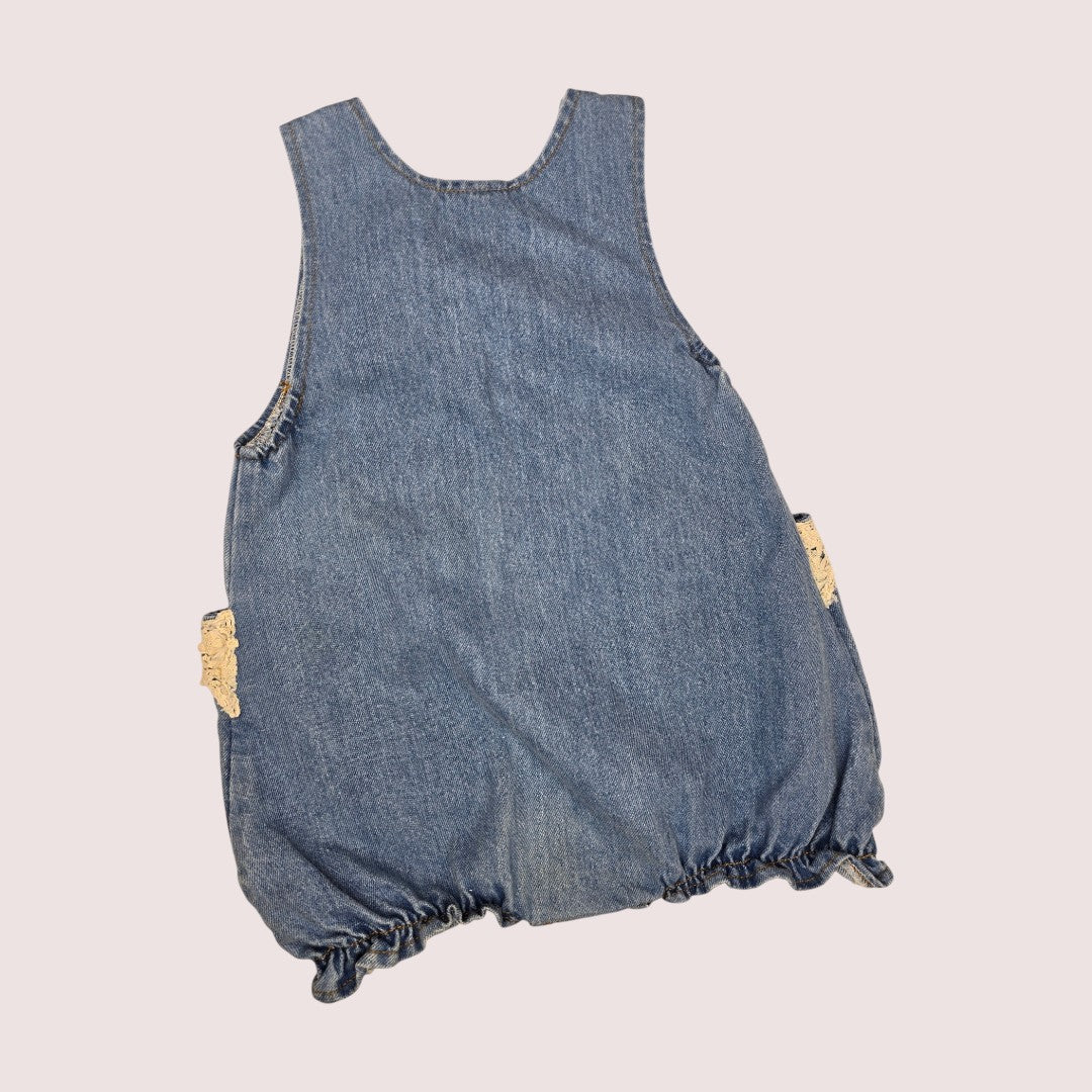 Vintage denim bubble romper with lace and rosette pocket details 12m