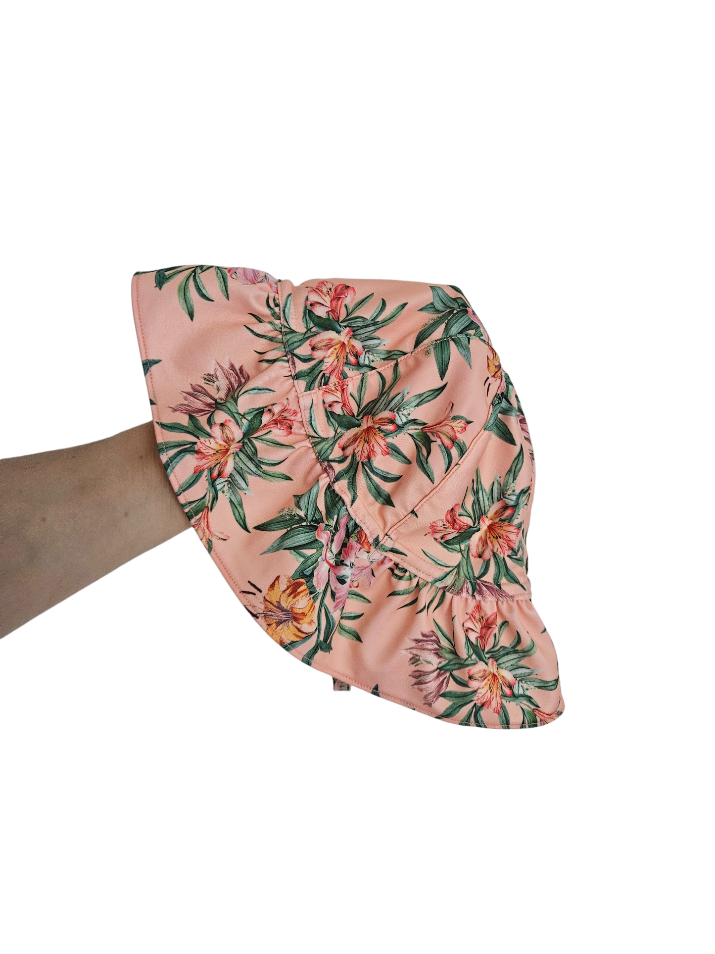 Tropical print swim petal hat with chin strap Infant size up to 2Y
