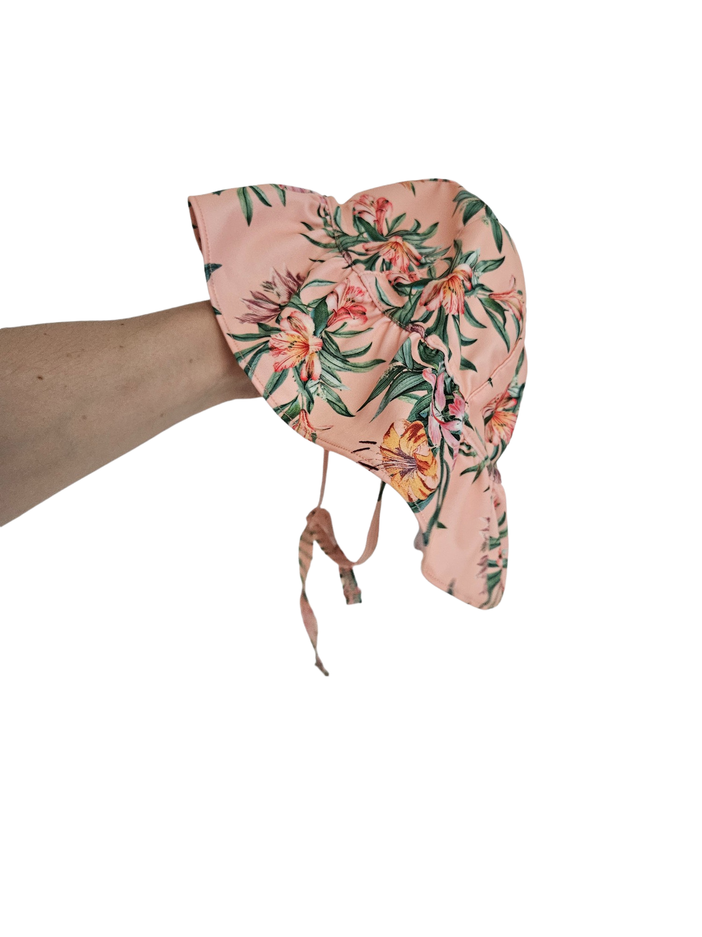 Tropical print swim petal hat with chin strap Infant size up to 2Y