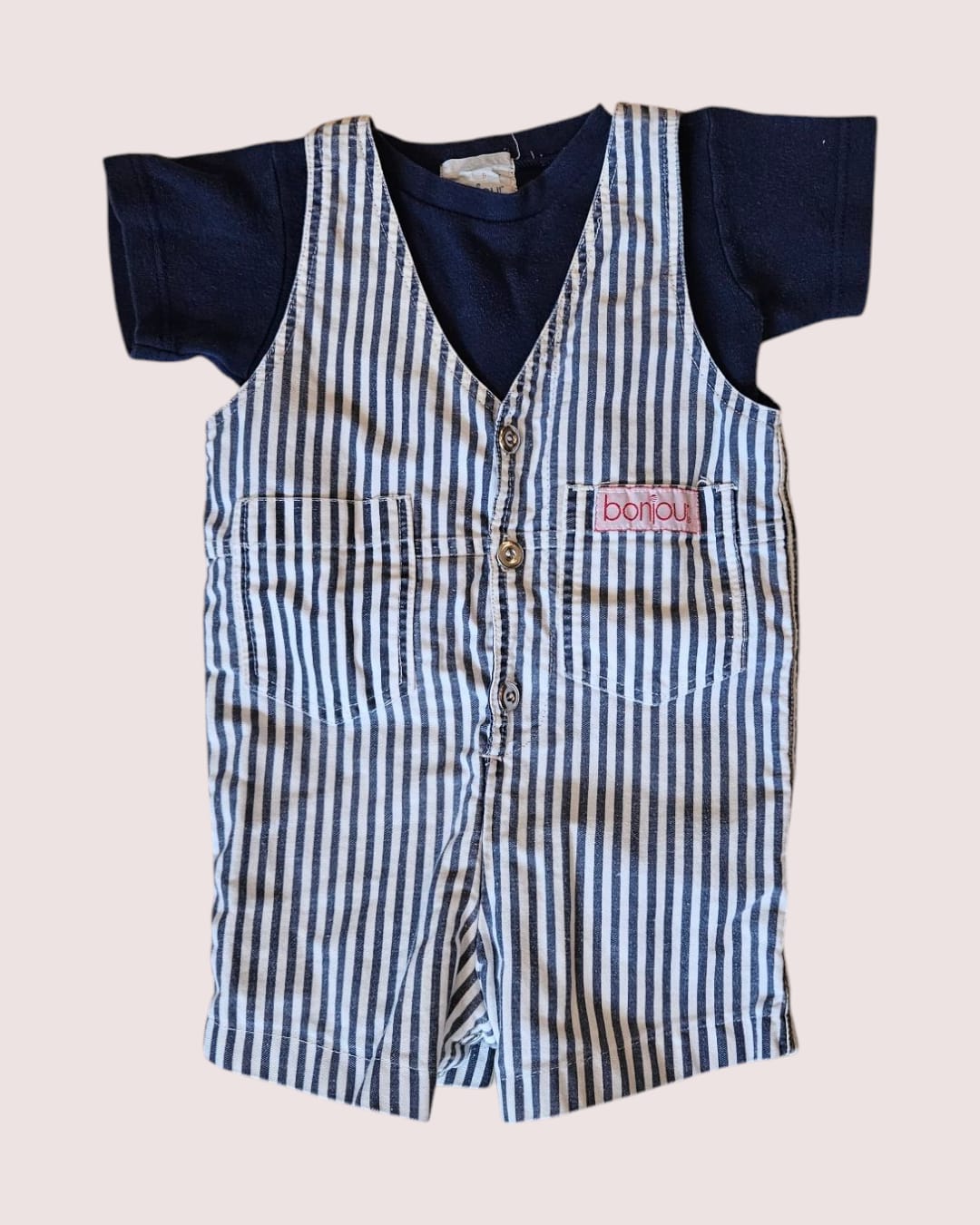 Vintage bonjour striped short romper with matching tee 12m