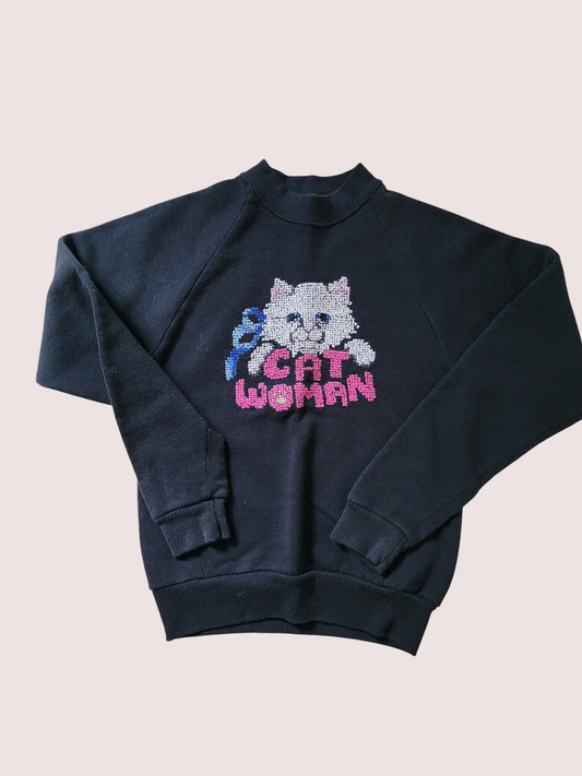 Vintage crewneck with embroidered "Cat Woman" approx 6-8Y