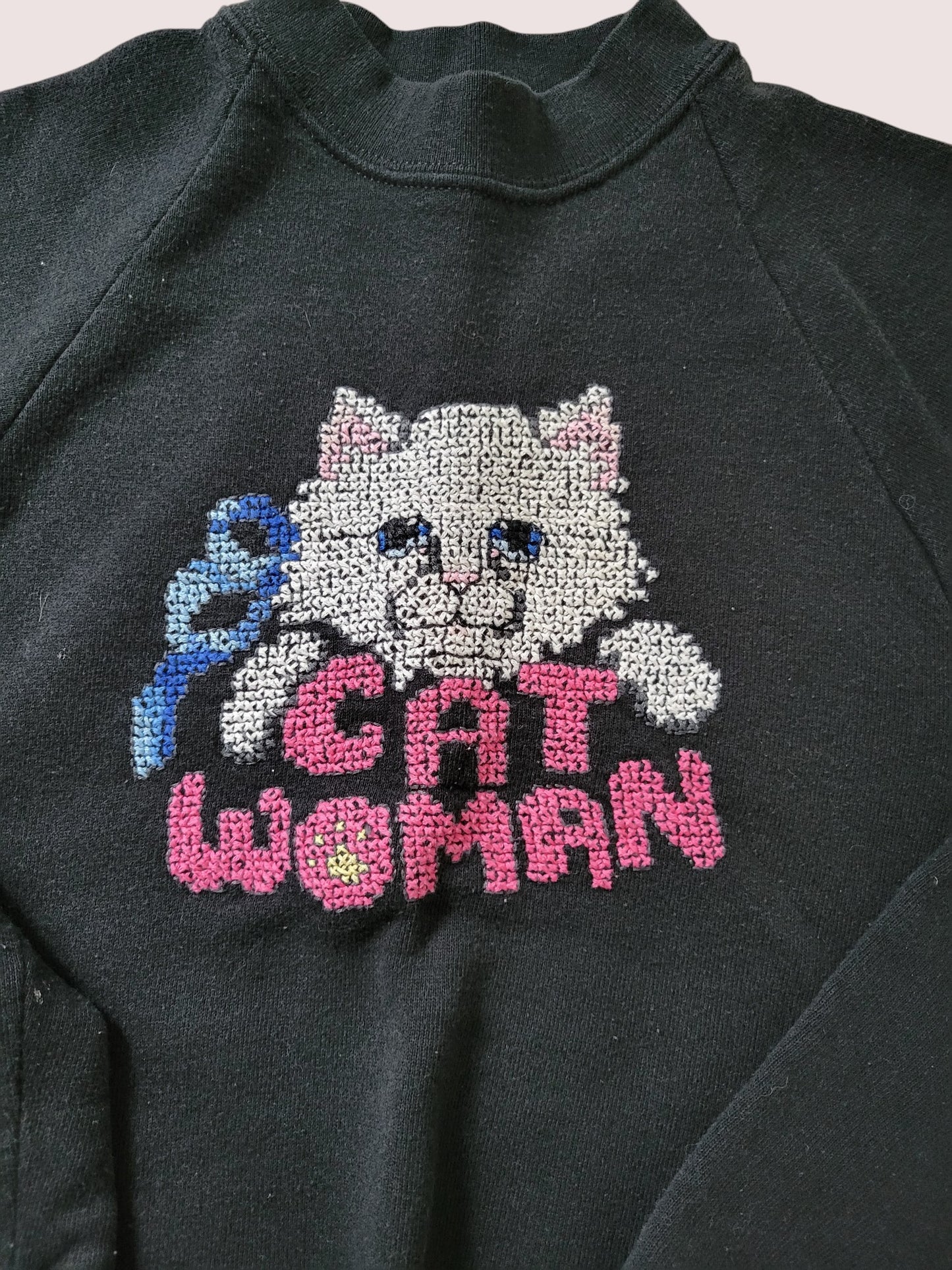 Vintage crewneck with embroidered "Cat Woman" approx 6-8Y