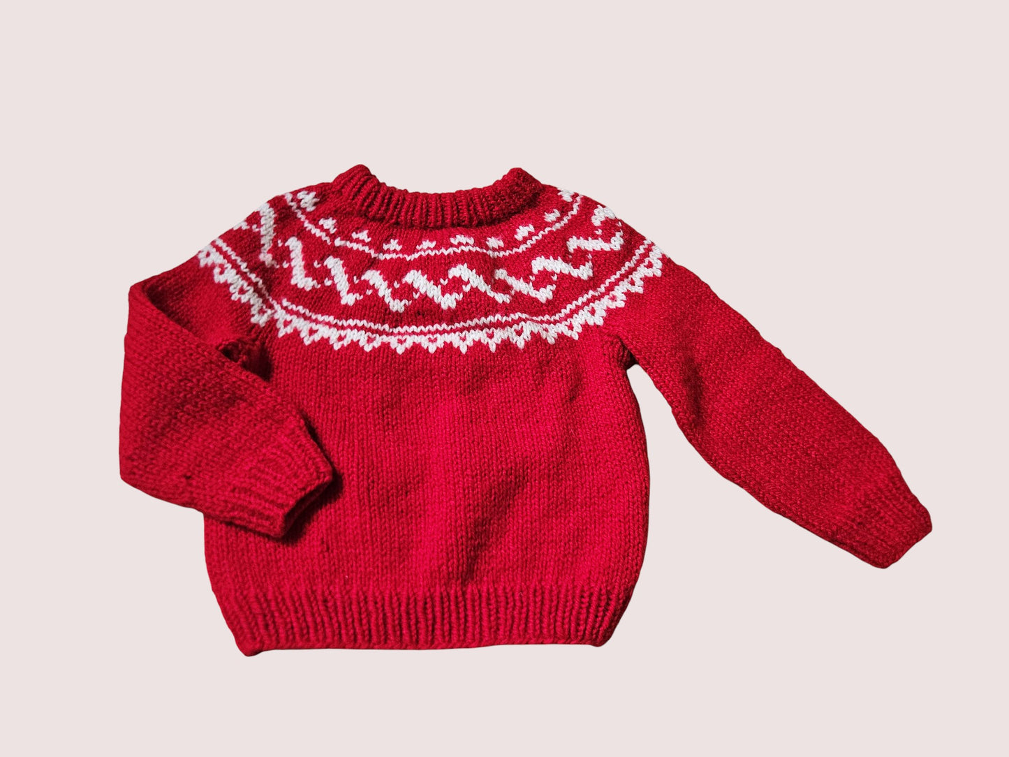 Handknit red fair isle sweater approx 4-6Y