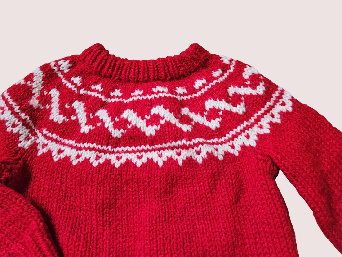 Handknit red fair isle sweater approx 4-6Y