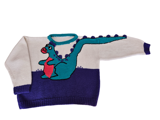 Handknit dino sweater with 3D spines 8-12y