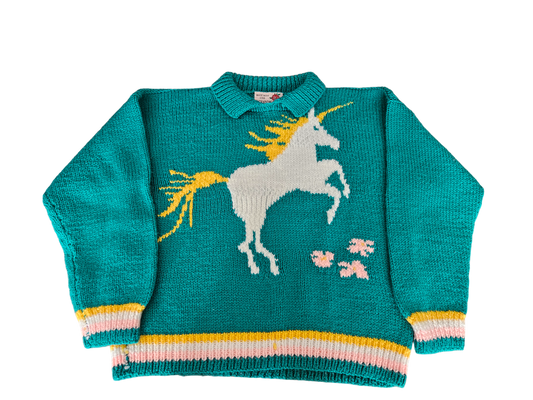 Handknit unicorn collared sweater 8-10y