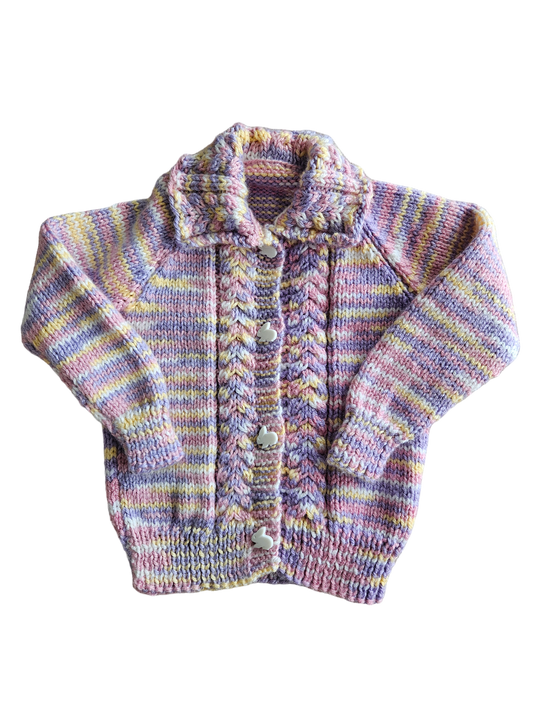 Handknit pastel cardigan with bunny shaped buttons 12-18m