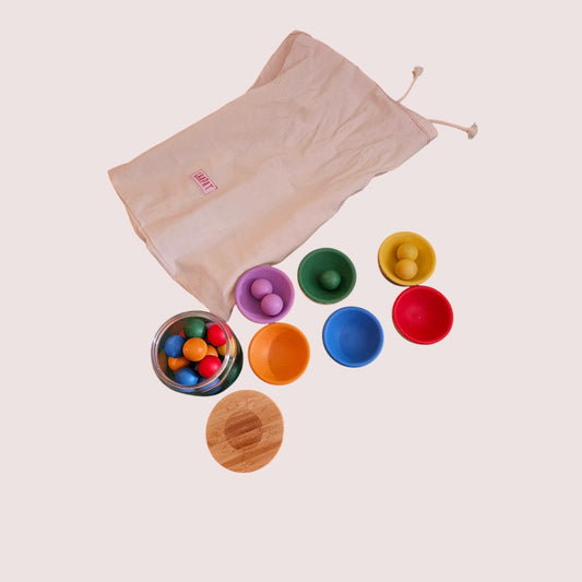 Montessori wooden coloured cups and wooden marbles