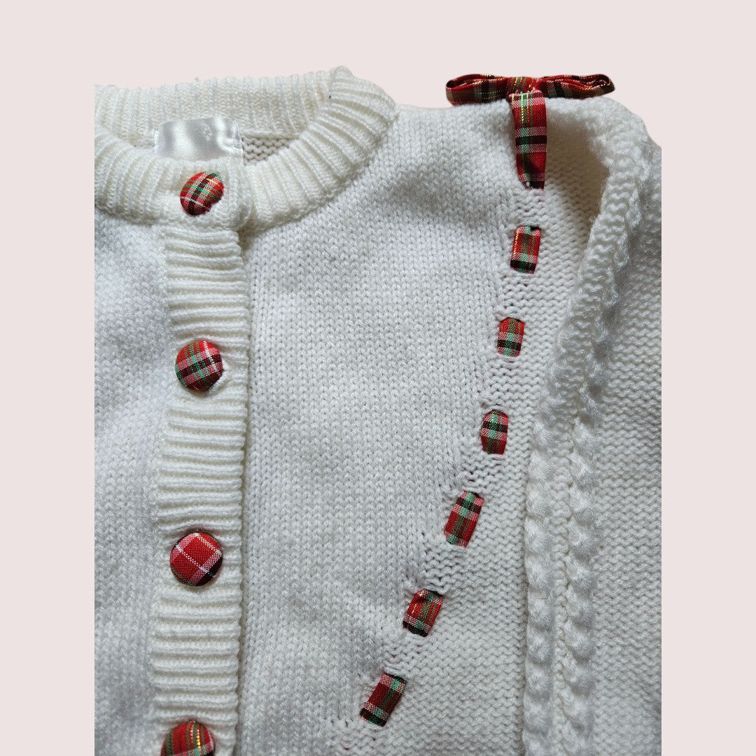 Vintage Eaton acrylic knit cardigan with plaid ribbon detailing 4T