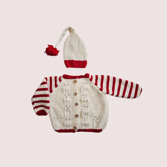 Handknit owl cardigan with matching hat approx 2T