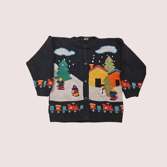 Knit cotton winter scene cardigan 5-7Y