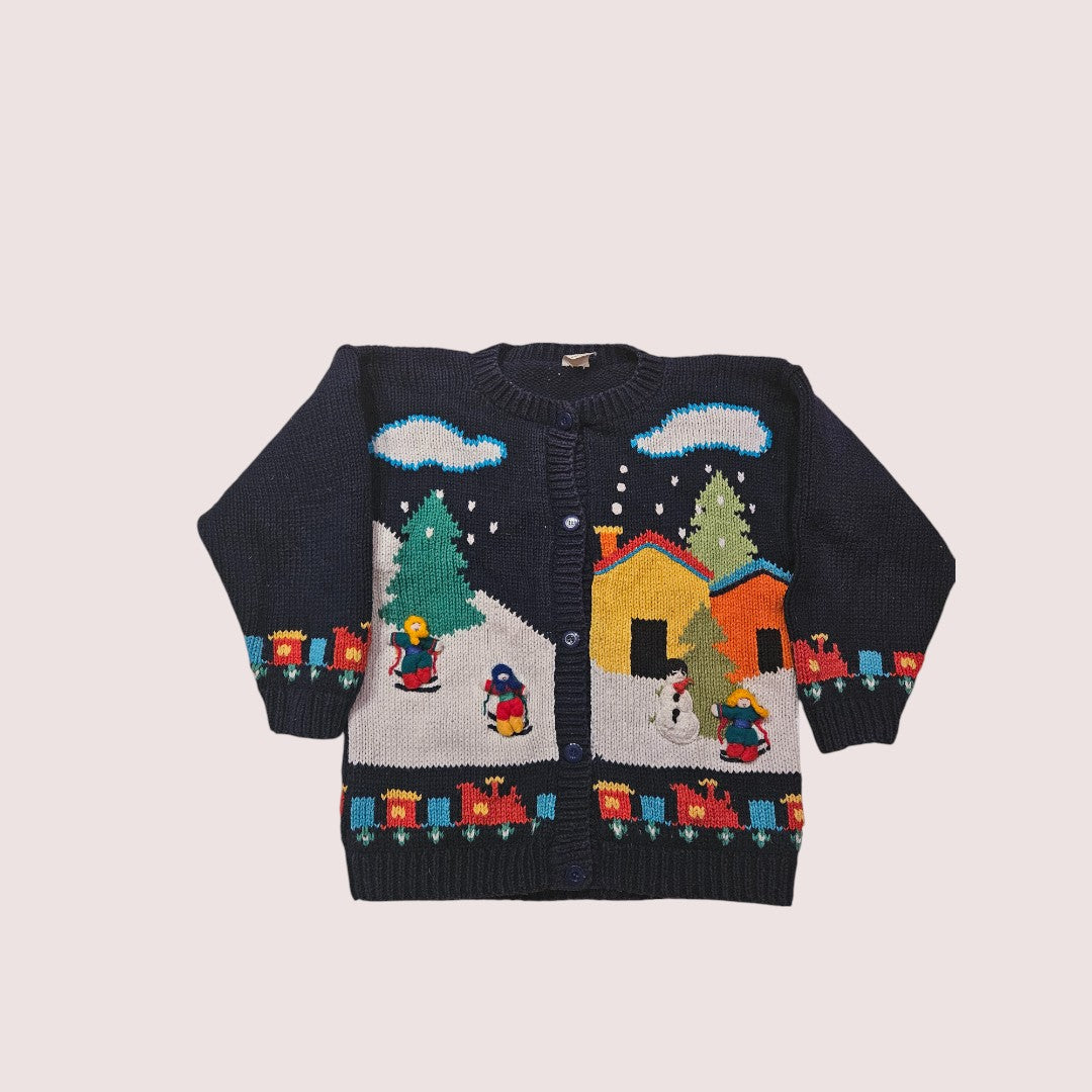 Knit cotton winter scene cardigan 5-7Y