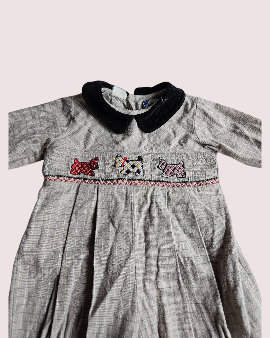 Vintage smocked romper with Scottie Dogs 6M