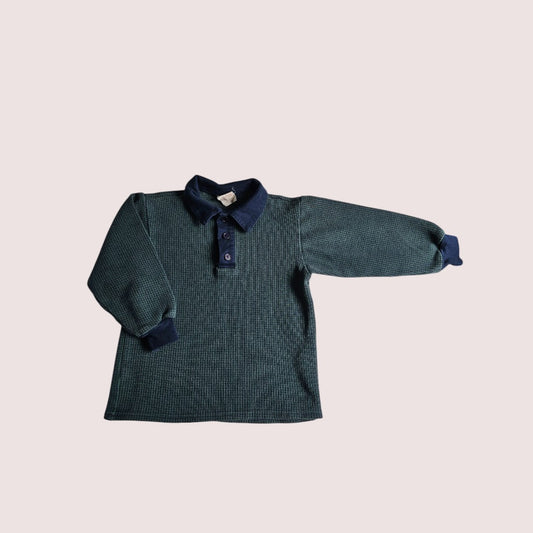 Vintage Kids Only herringbone navy and dark green long sleeve polo tee Youth XS, approx 4-6Y