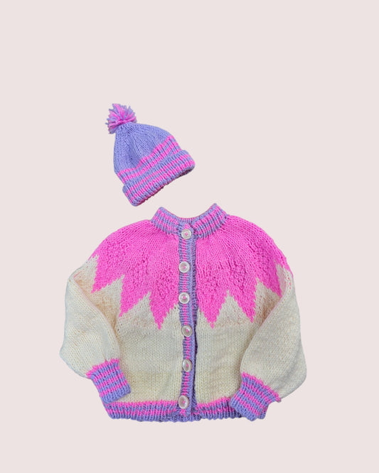 sunburst handknit cardigan and matching hat set  Approx 2T