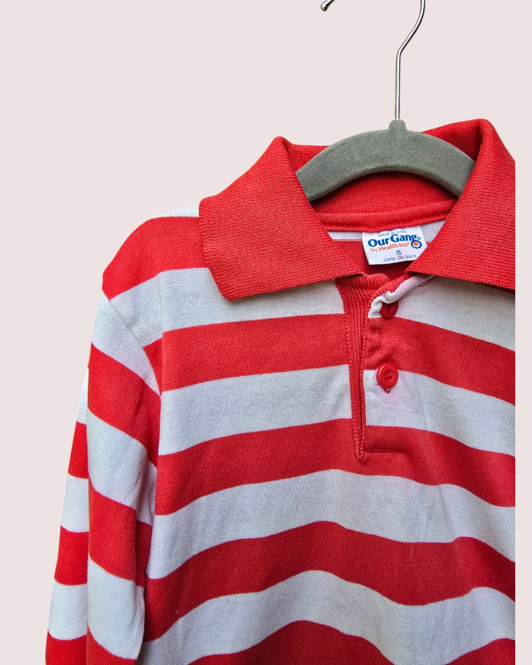 Vintage Health Tex single stitched striped long sleeve polo Tagged 8, best for 6-7Y