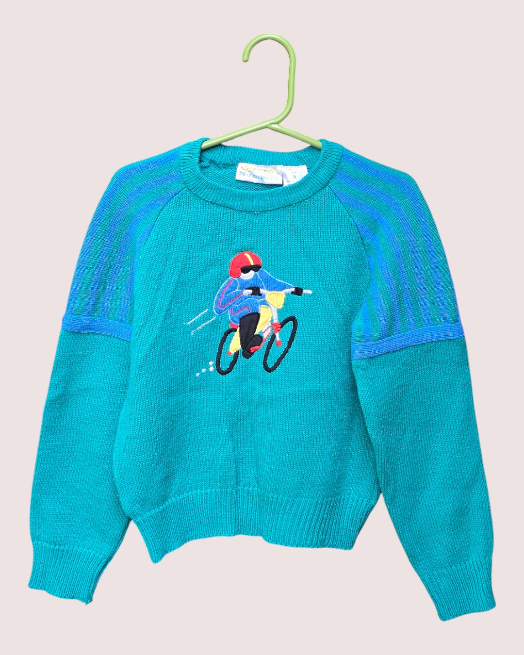 Vintage acrylic knit sweater with cyclist motif approx 3-5T