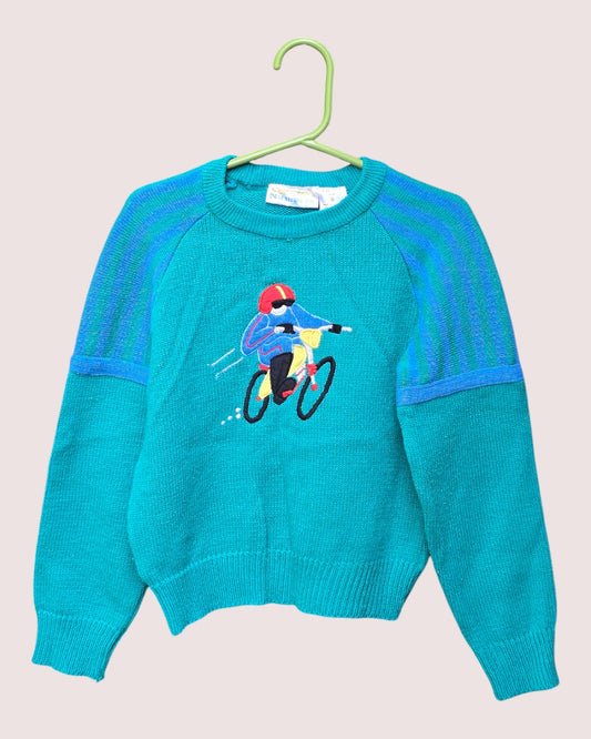 Vintage acrylic knit sweater with cyclist motif approx 3-5T