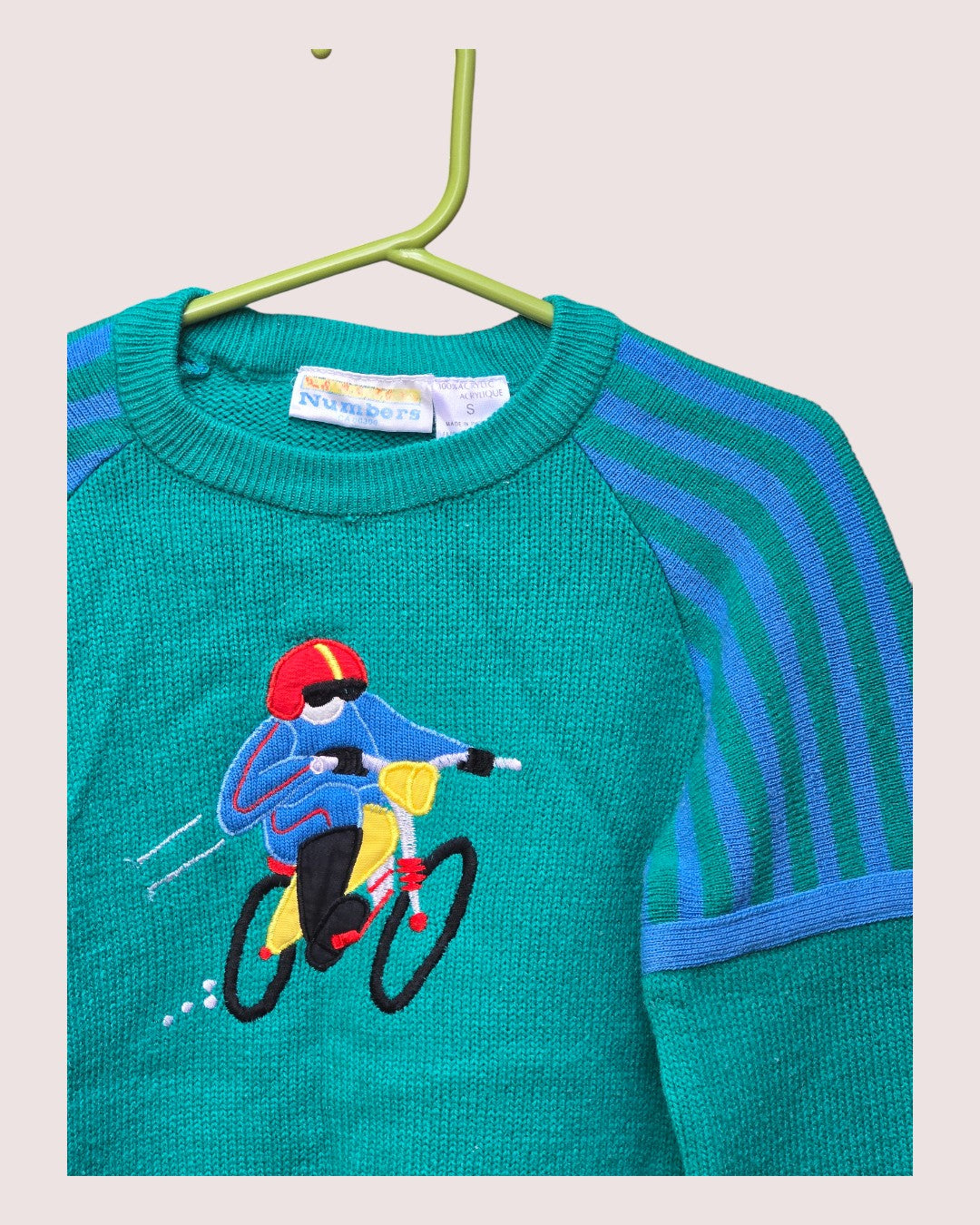 Vintage acrylic knit sweater with cyclist motif approx 3-5T