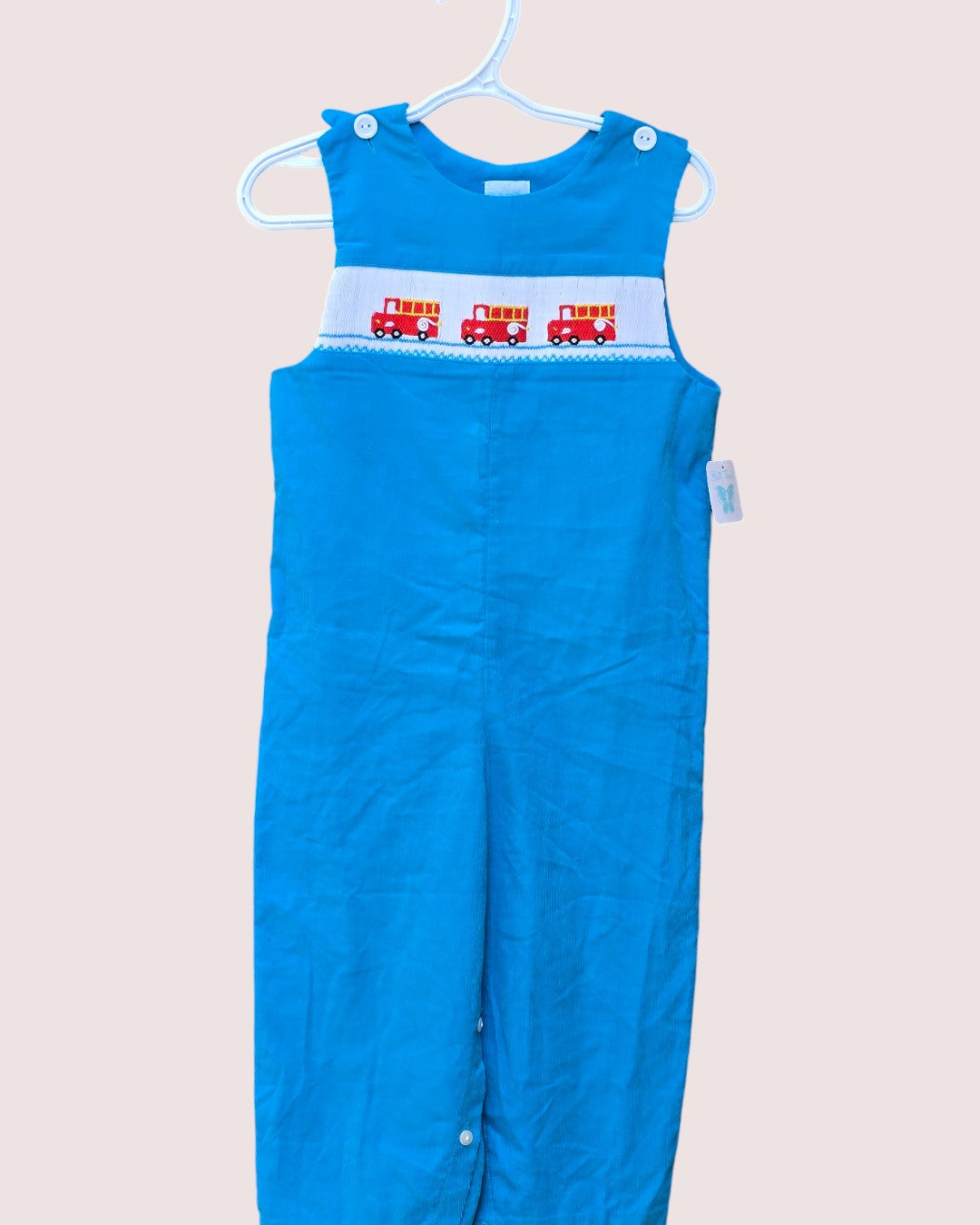 Handmade smocked fire truck overalls Tagged 3