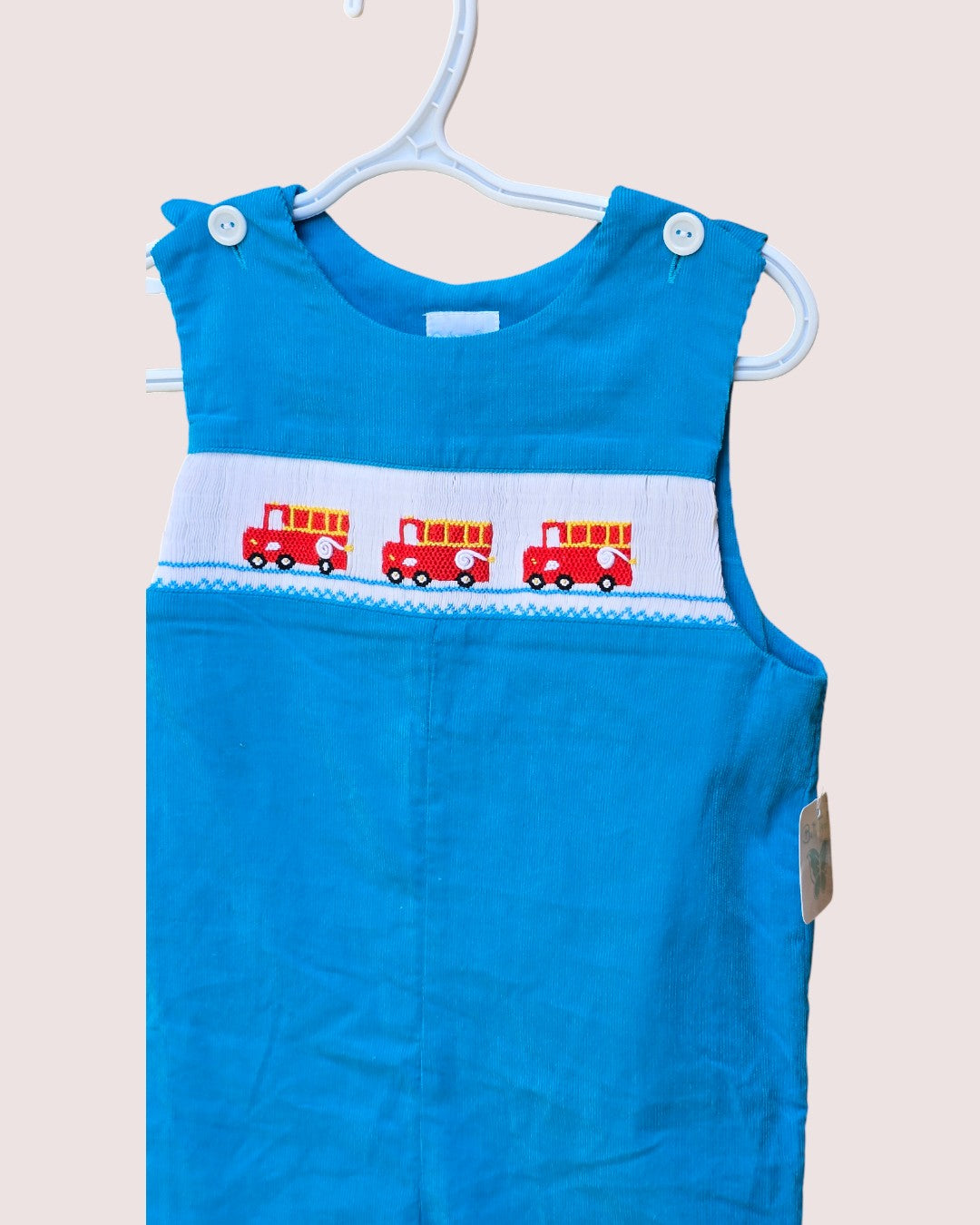 Handmade smocked fire truck overalls Tagged 3