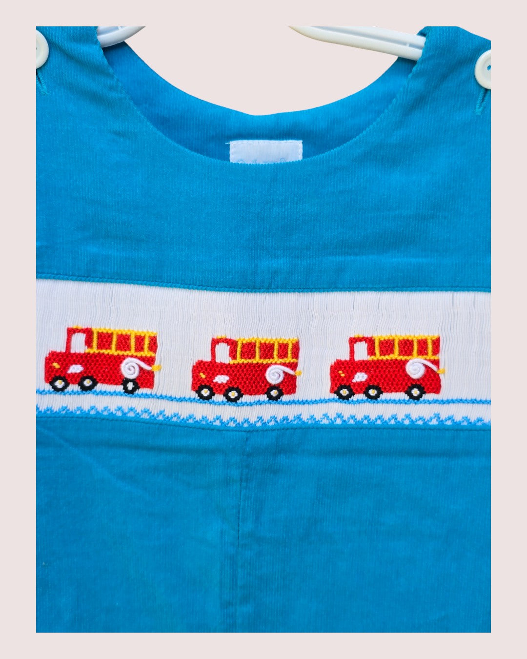 Handmade smocked fire truck overalls Tagged 3