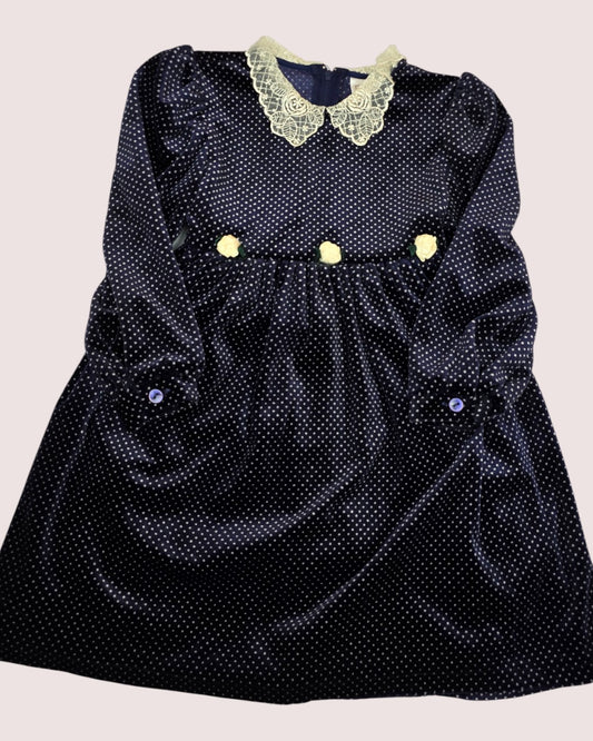 Vintage swiss dot velvet dress with lace collar and rosette details Tagged 3X