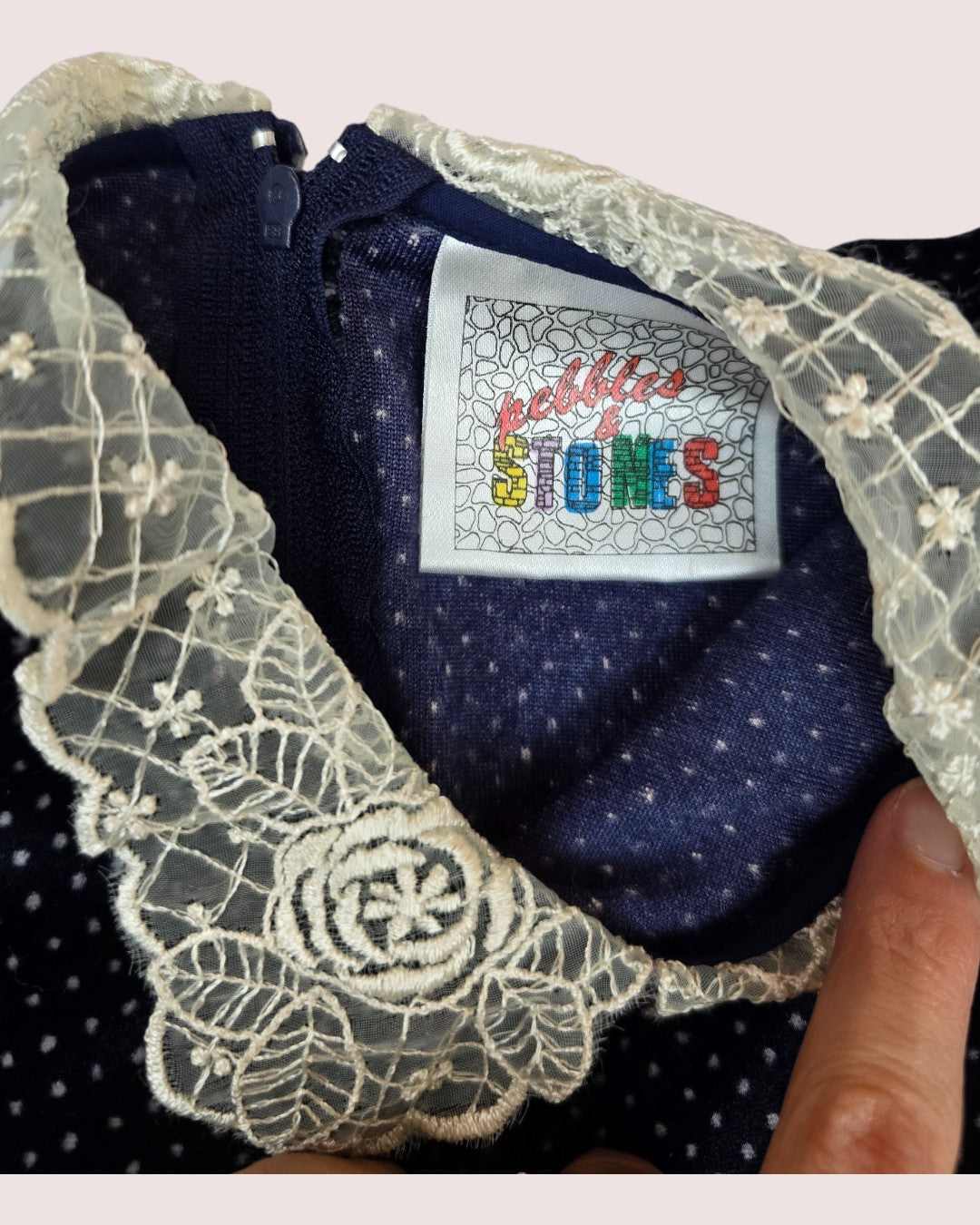 Vintage swiss dot velvet dress with lace collar and rosette details Tagged 3X